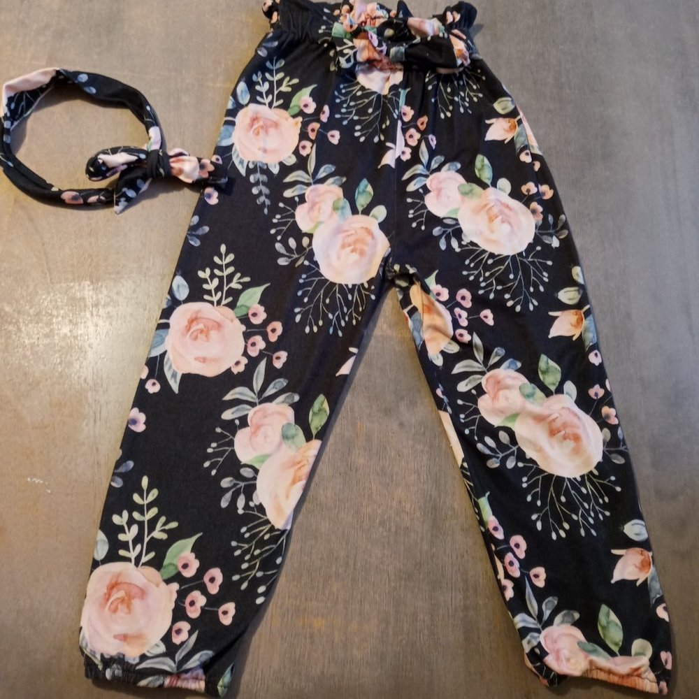 Shein Floral Print Waist Bow Pants With Matching Headband
